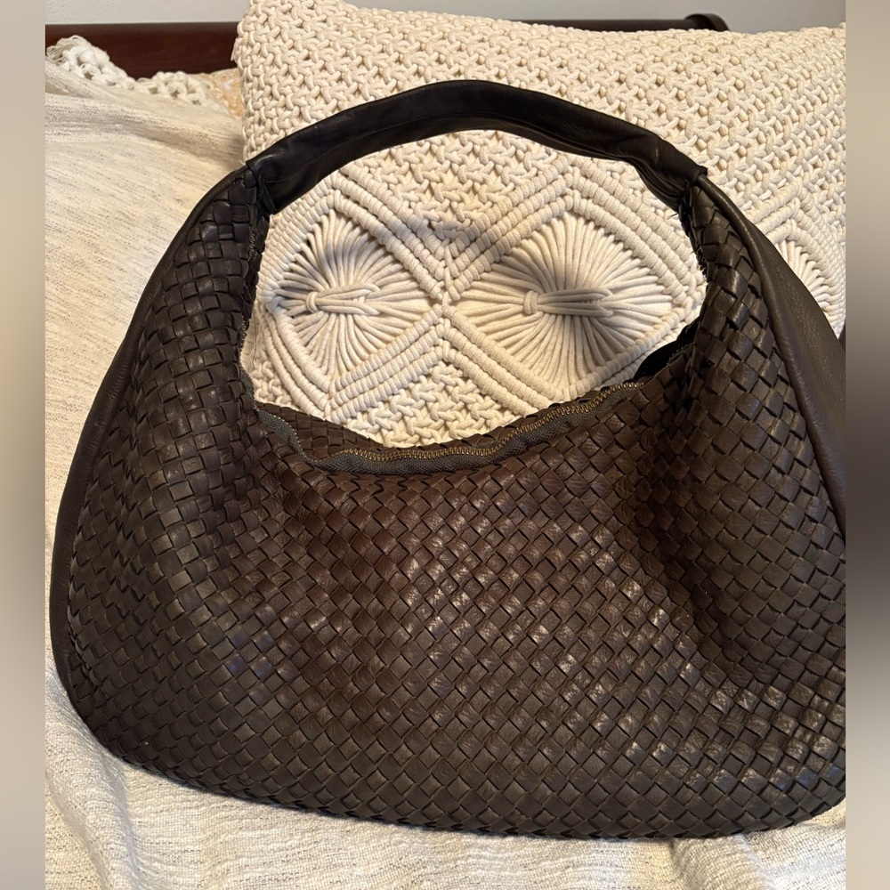 Dark Green Woven Leather Hobo